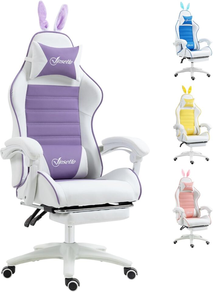 Vinsetto Racing Gaming Chair, Reclining PU Leather Computer Chair with Removable Rabbit Ears, Footrest, Headrest and Lumber Support, Purple
