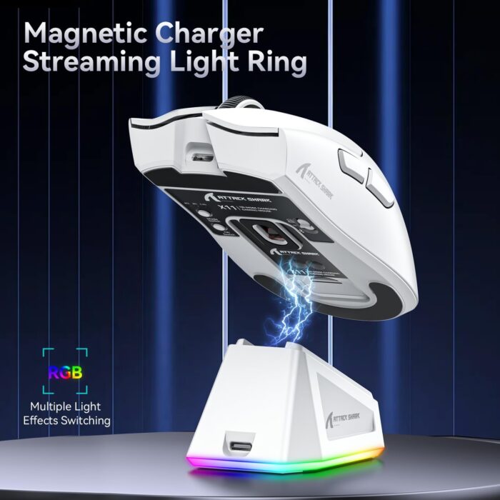 ATTACK SHARK X11 Gaming Mouse with Magnetic Charging Dock, PixArt PAW3311 Gaming Sensor, BT/2.4G Wireless/Wired Gaming Mouse, 22000DPI, Office Mice Gamer Mice for Win11/Xbox/PS/Mac(White) - Image 4