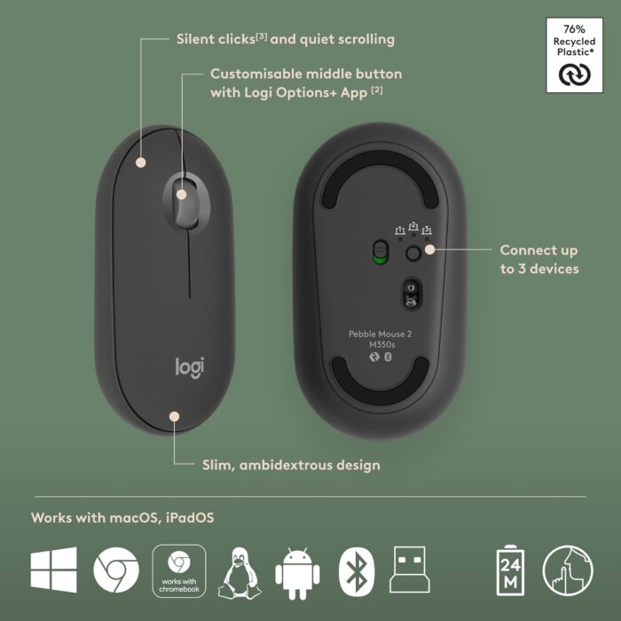 Logitech Pebble 2 Combo, Wireless Keyboard and Mouse, Quiet and Portable, Customisable, Logi Bolt, Bluetooth, Easy-Switch for Windows, macOS, iPadOS, Chrome, ARA Layout - Graphite - Image 7