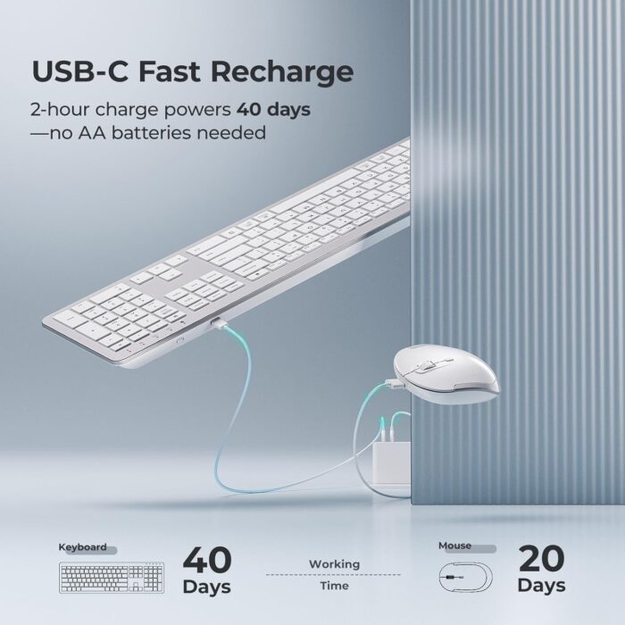 iClever GK08 Wireless Keyboard and Mouse Combo - Full-Size Ergonomic Keyboard with Number Pad, 2.4G USB, Quiet Click, 3-Level DPI, Rechargeable, Slim Design for Windows/Mac, Silver - Image 2