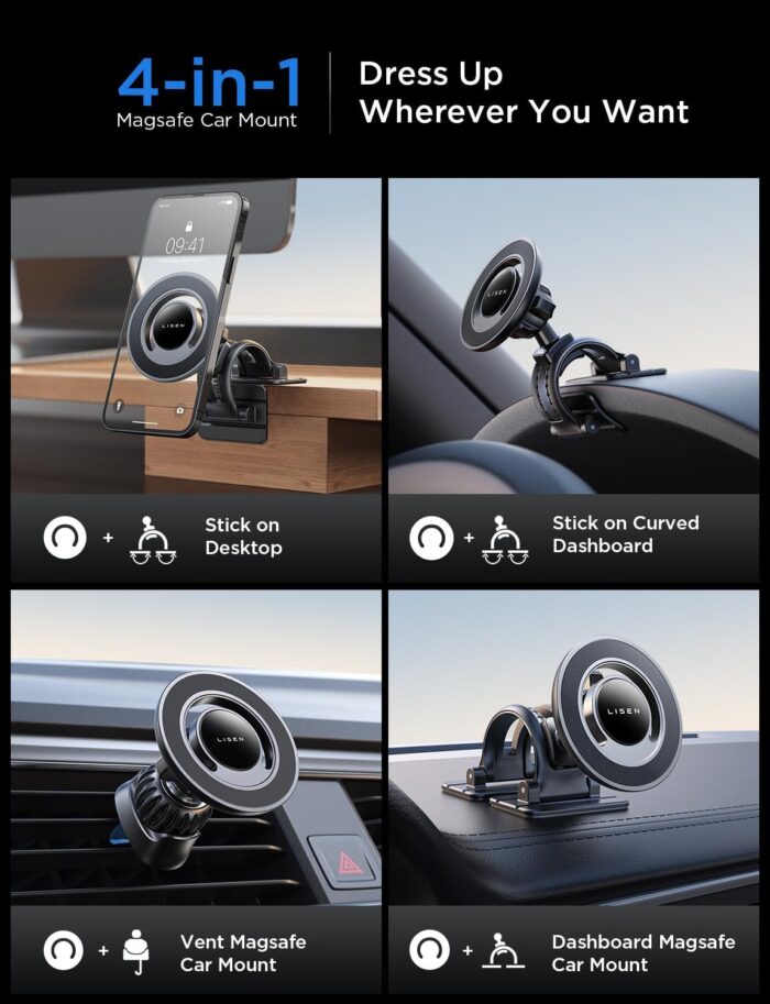 LISEN Fits MagSafe Car Mount, Vent Dashboard Car Phone Holder Magnetic Hands-Free MagSafe Accessories Mobile Phone Holder For iPhone 16 Pro Max Plus 15/14/13/12 - Image 2
