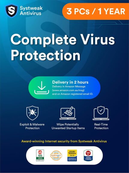 Systweak Antivirus for Windows 3 PC, 1 Year | Real-Time Protection | Exploit & Malware Protection | USB Protection | Firewall & Internet Security | Total Security (Via Email Delivery Only in 2 hours)