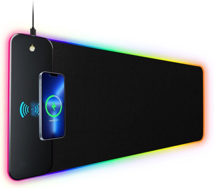 HYRAINBOW Gaming Mouse Pad with Wireless Charging, Large Mouse Pad with LED Light, Keyboard Pad with Non-Slip Rubber Base,Waterproof Desk Pad for Home Office Décor