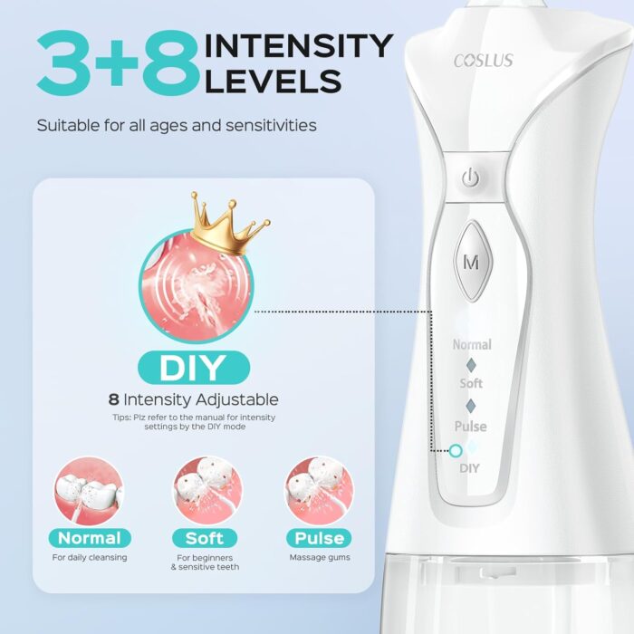 COSLUS Water Flosser for Teeth Braces Gums Care - Portable Oral Irrigador with 3 Modes & 8 DIY Levels for Multiple Users, Cordless for Travel, 300ML, BPA-Free, Home Use, White C30(FC5360) - Image 4