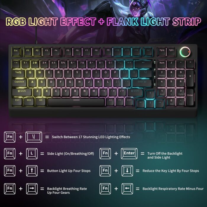 EURCRBU Mechanical Gaming Keyboard, LED Backlit Compact 98 Keys Layout Wired Mechanical Keyboard with Volume Control Knob, Full Anti-Ghosting Numpad Keyboard for Competitive Games or Office. (Black) - Image 6