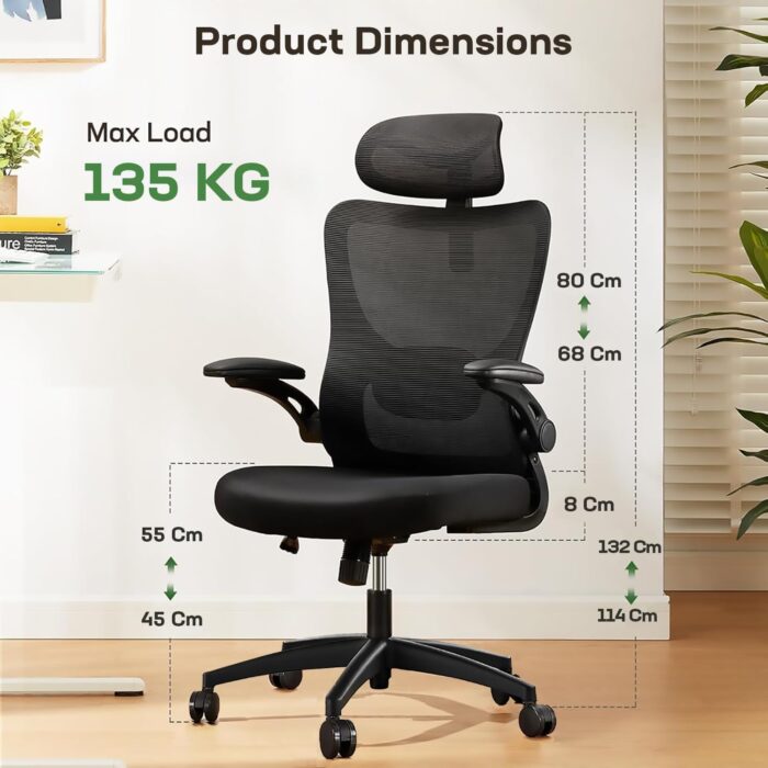 LAVORO ART Ergonomic Office Chair Computer Desk Chair Hold up to 135 Kg High Back Mesh and Adjustable Lumbar Support Rolling Home Office Desk Chairs Comfortable Gaming Work Wheel 3D Armrests Headrest - Image 2