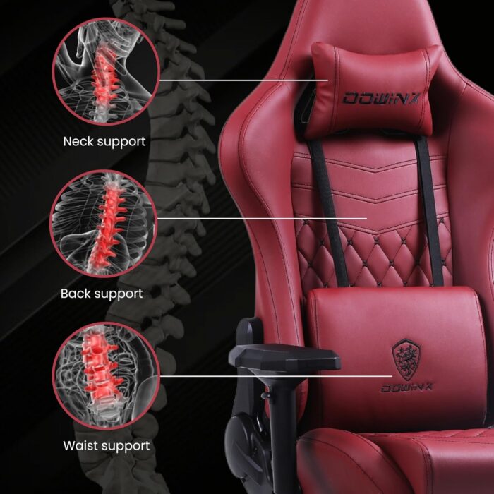 Dowinx Multi-Functional Gaming Chair, Ergonomic High Back Reclining & Height Adjustable PU Leather Computer Chairs with Massage Cushion, Neck & Lumbar Support, Armrests, Footrest (Maroon) - Image 5