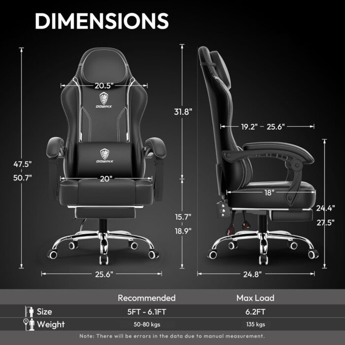 Dowinx Multi-Functional Gaming Chair, Ergonomic High Back Reclining & Height Adjustable PU Leather Computer Chairs with Massage Cushion, Neck & Lumbar Support, Footrest (Black) - Image 3