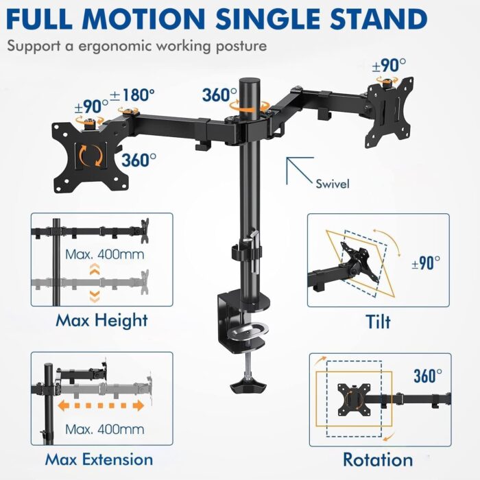 HEYMIX LIFE Dual Monitor Arm - Screen Mount Monitor Arm for Computer Monitors, Dual Monitor Stand for 2 Screen 13-27" Computer Screens, VESA 75mm/100mm Monitor Holder for Gaming&Office - Image 4