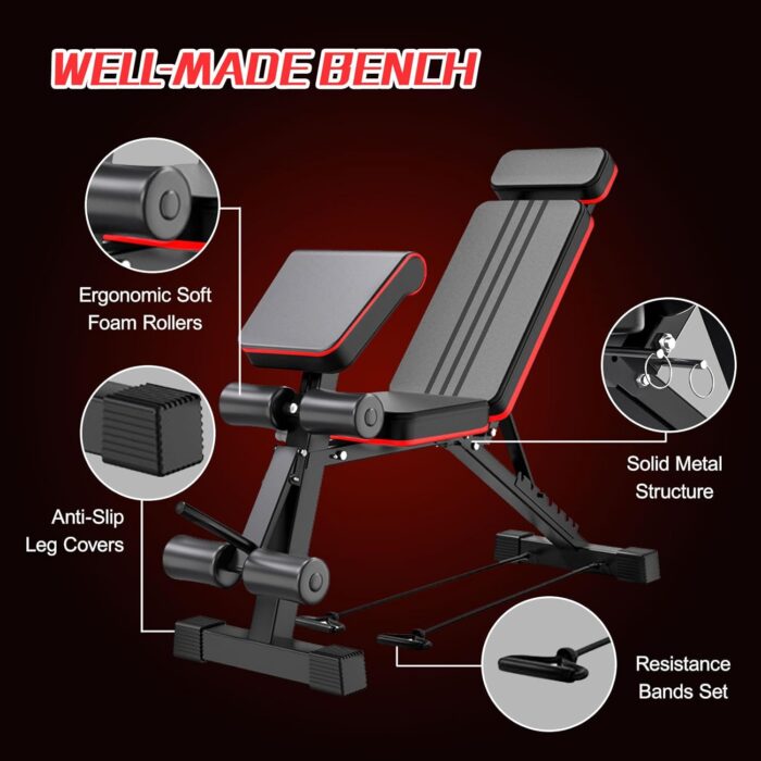 Adjustable Weight Bench, Foldable Exercise Workout Bench, Extended head & neck protection, Decline/Incline/Bench Press, Utility Bench for Home Gym Full Body Fitness with Elastic Ropes - Image 2