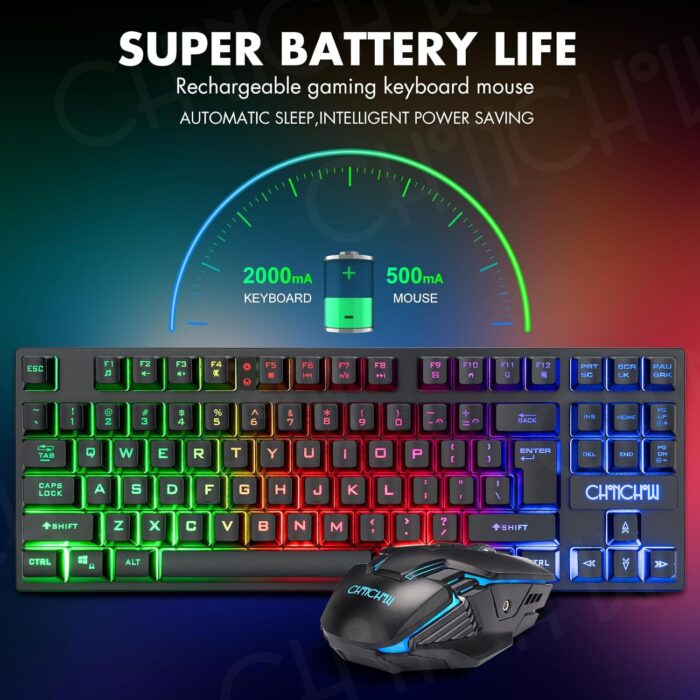 CHONCHOW Wireless Gaming Keyboard and Mouse Combo, Rechargeable 87 Key LED Light Up Keyboard Ergonomic Cordless Gaming Mouse combo Backlit Wireless set for Xbox PS4 PS4 PC Laptop (local, black set) - Image 2
