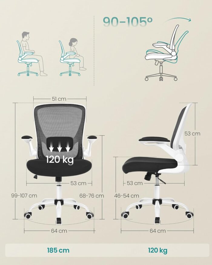SONGMICS Ergonomic Canvas Office Chair, Armchair, Padded Lumbar Support, Rocker Mechanism, 53 cm Wide Seat, Folding Armrests, Black and White OBN37WT - Image 3