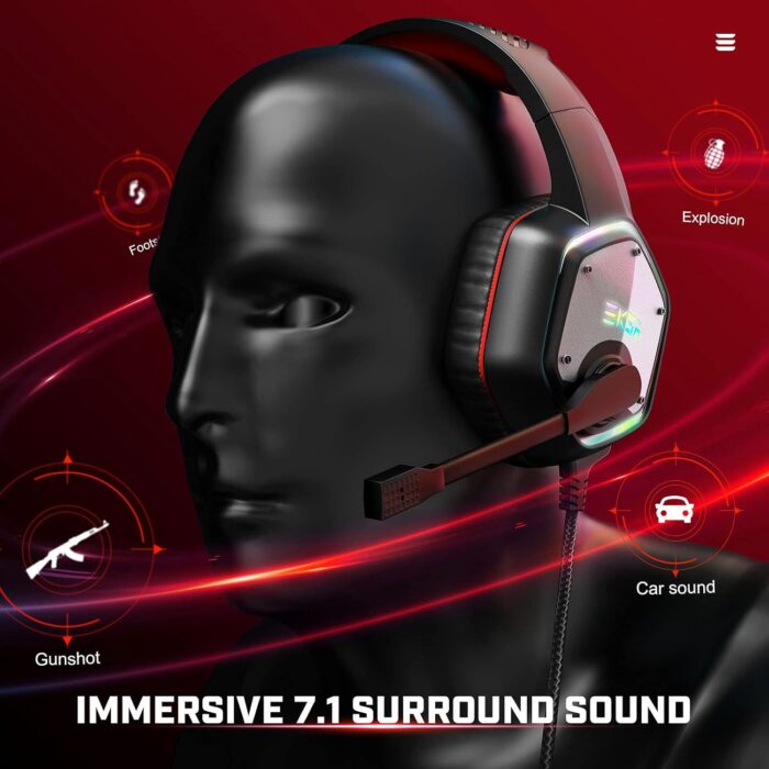 EKSA Gaming Headset PC Headset with 7.1 Surround Sound, Noise Canceling Over Ear USB Wired Headphones with Mic & RGB LED Light, Gaming Headphones Compatible with PS5, PS4, Mac, Laptop (E1000-Red) - Image 6