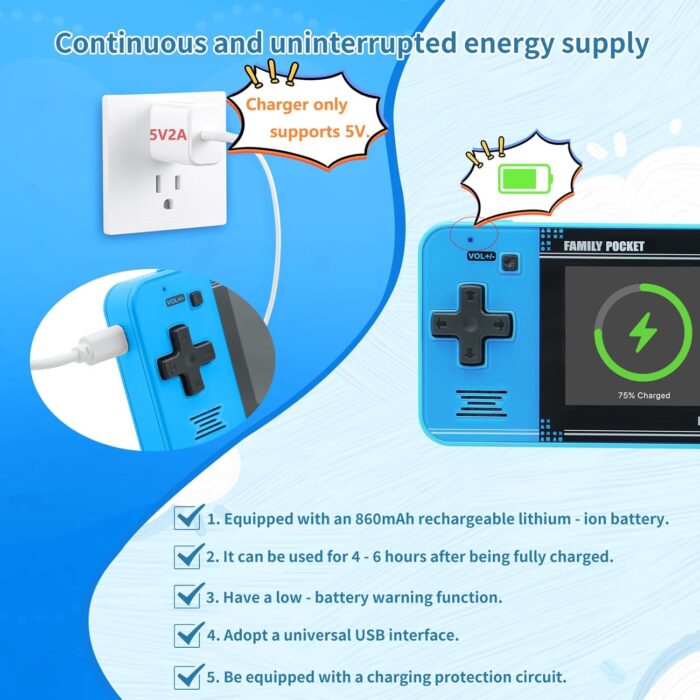WELLST·G Handheld Game for Kids -Preloaded 220 Retro Video Games, Portable Gaming Player with Rechargeable Battery 3.0" LCD Screen, Mini Arcade Electronic Toy Gifts for Boys Girls (Blue) - Image 3