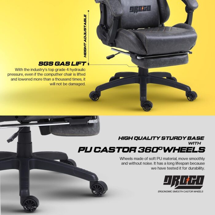 BAYBEE Drogo Multi-Purpose Ergonomic Gaming Chair with 7 Way Adjustable Seat, Head & USB Massager, PU Leather Lumbar Pillow Home & Office Chair with Full Reclining Back Footrest (Grey) - Image 8