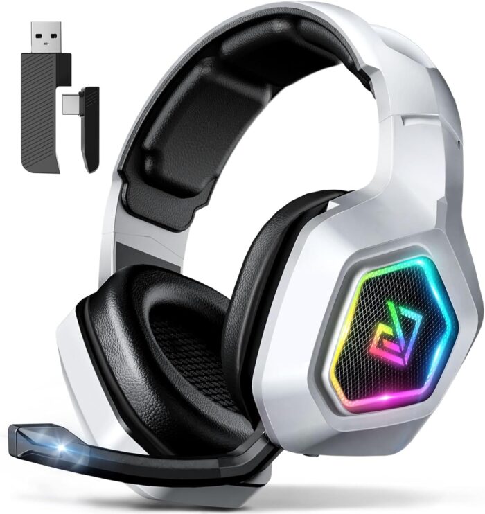 Garlo Wireless Gaming Headset with 7.1 Surround Sound & 60H+ Hrs, 2.4GHz/Wired/Bluetooth Gaming Headphones with USB and Type-c, RGB Over Ear Headphones for Pc, Ps4, Ps5, Switch, Laptop, Mobile, Mac