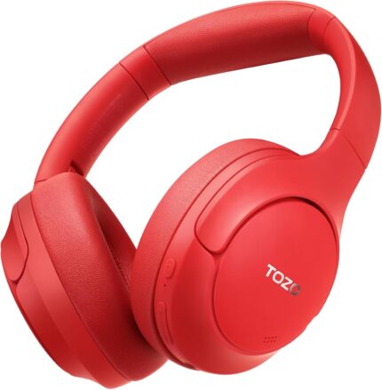 TOZO HT2 Hybrid Active Noise Cancelling Headphones, Wireless Over Ear Bluetooth Headphones, 60H Playtime, Hi-Res Audio Custom EQ via App Deep Bass Comfort Fit Ear Cups, for Home Office Travel Red