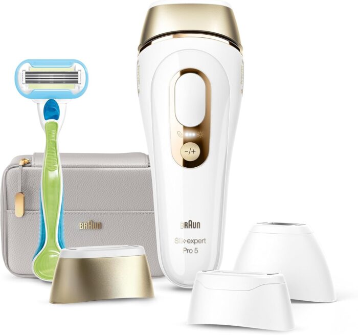 Braun Silk·expert Pro 5, At-Home Laser, IPL Hair Removal Device, Permanent Visible Hair Removal, 1 Standard & 1 Precision & 1 Wide Head & Venus Razor, Gift for Women, PL5257, White/Gold