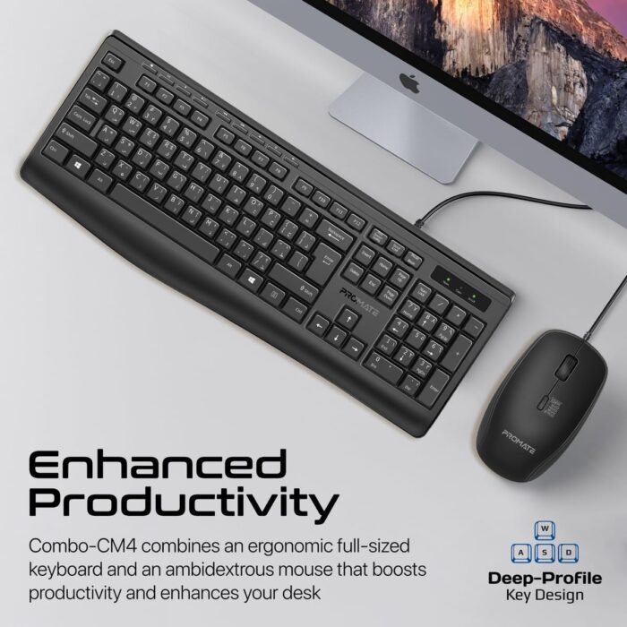 Promate Wired Keyboard and Mouse Combo, Ergonomic Slim Full-Size Quiet Keyboard, 2400 DPI Ambidextrous Mouse, Spill-Resistance, Media Keys, Plug and Play for iMac, MacBook Pro, Dell, Combo-CM4 - EN/AR - Image 2