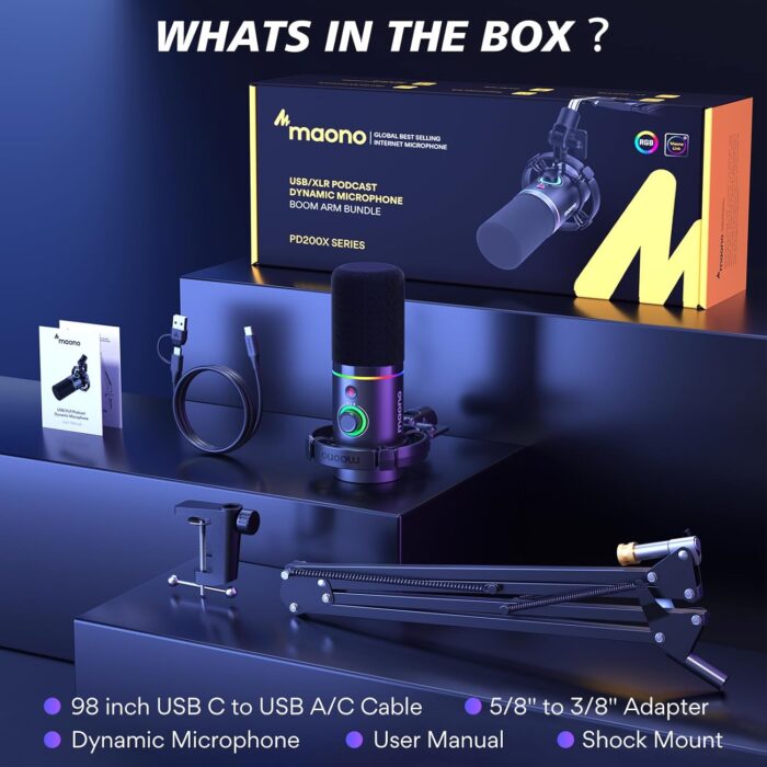 MAONO XLR/USB Dynamic Microphone Kit, RGB Podcast Mic with Software, Mute, Gain Knob, Volume Control, Boom Arm for Streaming, Gaming, Voice-Over, Recording-PD200XS Black - Image 9