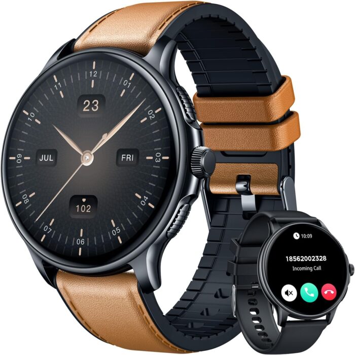 Smartwatch for Men Fitness Tracker: Brown Smart Watches (Answer/Make Calls) 1.43’’ AMOLED Touchscreen with Waterproof Heart Rate Blood Pressure Health Monitor Sport Pedometer Compatible Android iOS