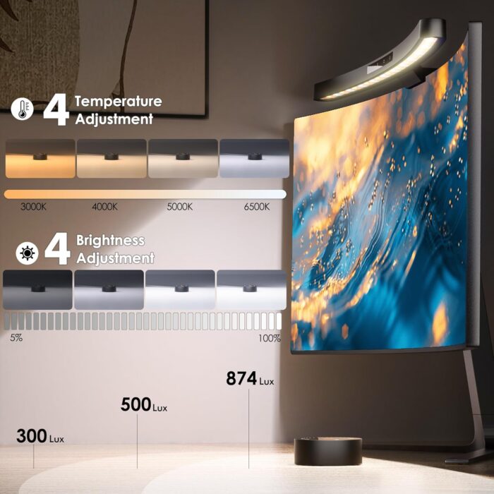 Quntis Curved Monitor Light Bar with Remote &Touch, Auto Adjustable Brightness and Colour Temperature Eye-Care USB Computer Lamp with Multifunction Shelf Screen Light Bar, No Glare Home Office Gaming - Image 4