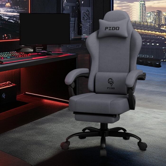 PZDO Ergonomic Gamer Chair Gaming Chair for Adults, Gaming Chair with footrest, Technical Fabric Office Chairs with Lumbar Support Height Adjustable, Teens, Gift, 150kg, Grey - Image 2
