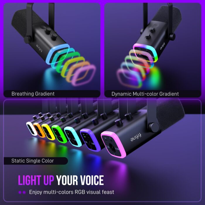 FIFINE XLR/USB Dynamic Microphone for Podcast Recording, PC Computer Gaming Streaming Mic with RGB Light, Mute Button, Headphones Jack, Desktop Stand, Vocal Mic for Singing YouTube-AmpliGame AM8 - Image 5