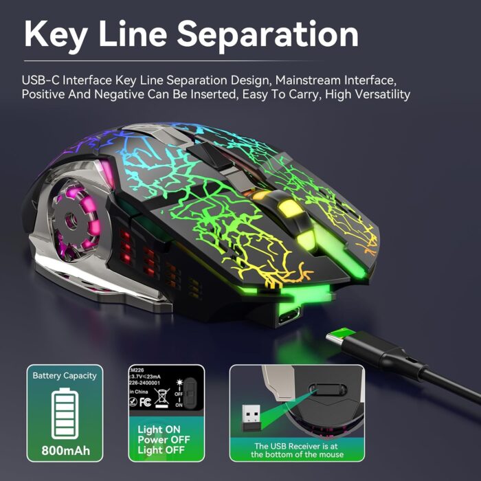 XISOGUU Wireless Gaming Keyboard and Mouse Combo, RGB Backlit Rechargeable 2000 mAh Battery, Mechanical Feel Anti-ghosting Keyboard + 6D 4800DPI Mice for PC Gamer - Image 5