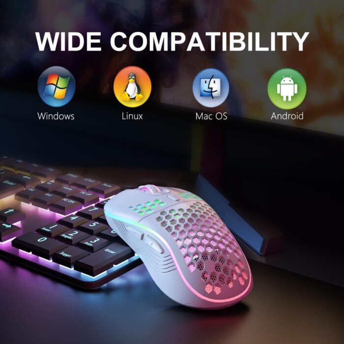 Azonee Wireless Mouse Wireless Gaming Mouse, Rechargeable Pc Mouse with RGB Backlight 6 Buttons Adjustable Lightweight Honeycomb Shell for Laptops, PC, Computers, Etc. (Wireless White) - Image 2