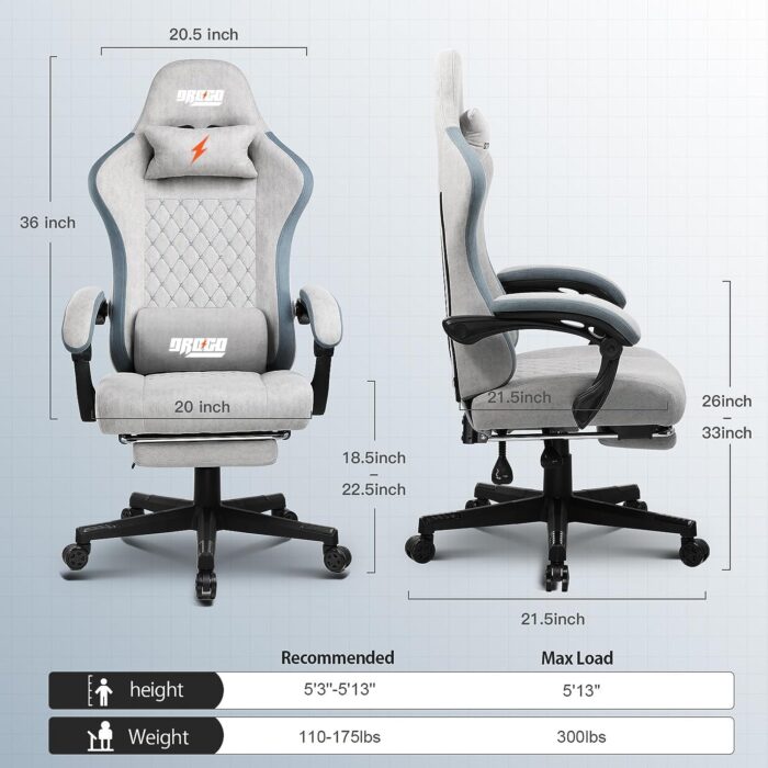 DROGO Throne Ergonomic Gaming Chair with Foot Rest, Armrest & Adjustable Seat | Computer Chair with Fabric, Head & Massager Lumbar Support Pillow | Home & Office Chair with Full Recline (Lite Grey) - Image 2