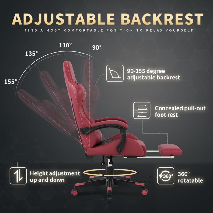 Gamtimer Gaming Chair, Ergonomic Computer Chair with Footrest and Lumbar Support, Breathable PU Leather, Large Gaming Chair, Height-Adjustable 360 Degree Swivel Chair (Pink) - Image 6
