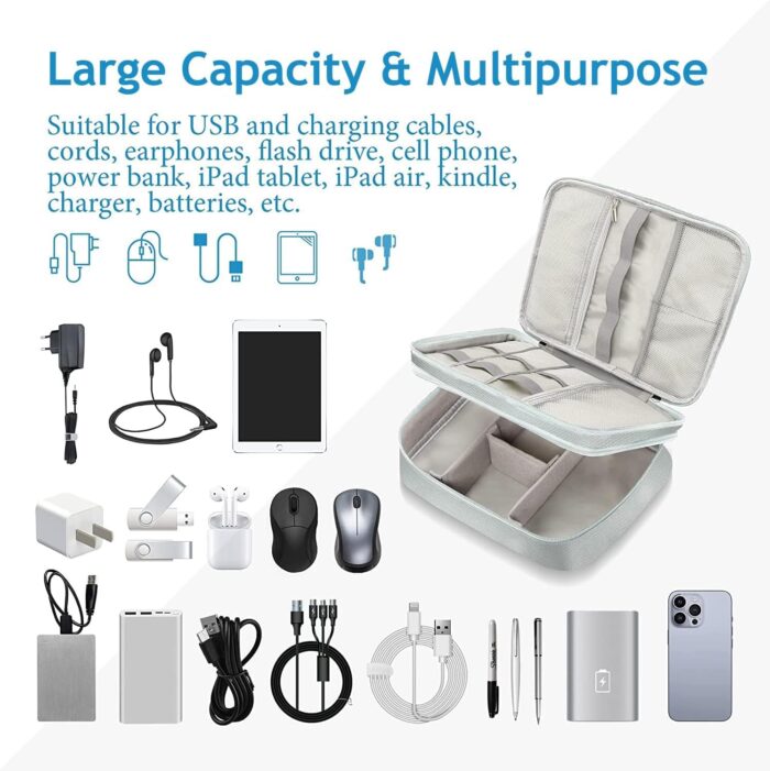 Travel Electronics Organizer, Double Layer Waterproof Cable Organiser Bag for Electronic Accessories, Universal Carry Bag for Charger, Phone, Hard Drive, Cord, Tablet (Grey) - Image 5
