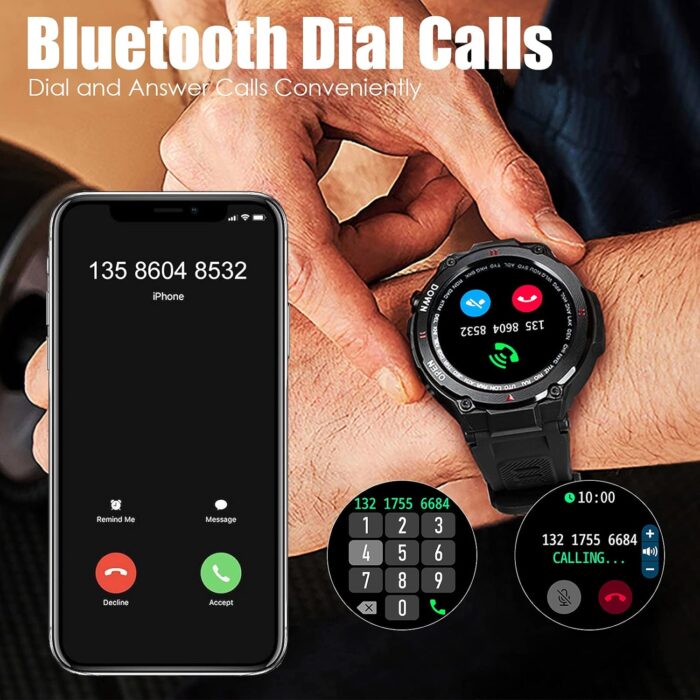 EIGIIS Military Smart Watch Men Outdoor Waterproof Tactical Smart Watch Bluetooth Talk Speaker 1.3 Inch HD Touch Screen Fitness Tracker Compatible with iPhone Samsung (Black) - Image 2