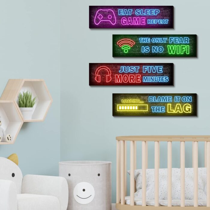 Simimi art 4 Pcs Printed Neon Gaming Posters, Teen Boys Room Decorations, gamer wall Decor for bedroom Wooden - Image 3