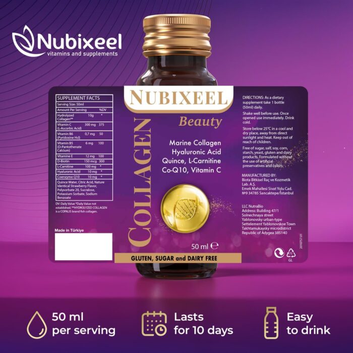 Nubixeel Premium Marine Collagen (10 Shots) – Hydrolyzed Liquid Collagen with Vitamin C + Biotin + E + B5 + B6 | Halal Drink | Hair & Skin Support | for Women & Men | Sugar-Free | Gluten-Free - Image 6