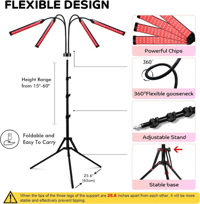 Hottoerak Red Light Therapy, 180LEDs Red Light Lamp, Upgraded Infrared Lamp 660nm & 850nm & 940nm with Stand with 5 Brightness and Timer for Home Use - Image 7