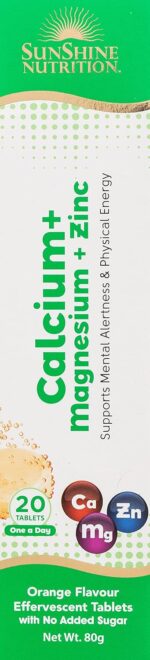 Sunshine Nutrition Calcium + Magnesium + Zinc Effervescent 20 Tablets | No Added Sugar | Orange Flavor | 80 Grams