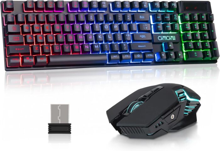 CHONCHOW USB Wireless Gaming Keyboard and Mouse Combo LED Backlit Ergonomic Mechanical Feeling Key 19 Keys Anti-ghost Rechargeable 2500mAh Battery,7D 3600DPI Mice for PC Gamer