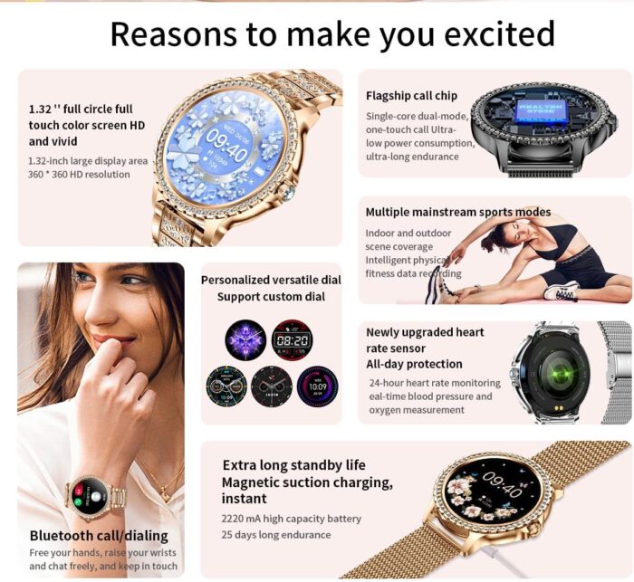 Smart Watches for Women (Answer/Make Call) with Diamonds, 1.3”HD Screen Bluetooth Smartwatch for Android iOS Phones, IP68 Waterproof Fitness Activity Trackers with Heart Rate/SpO2/BP/Sleep Monitor - Image 4