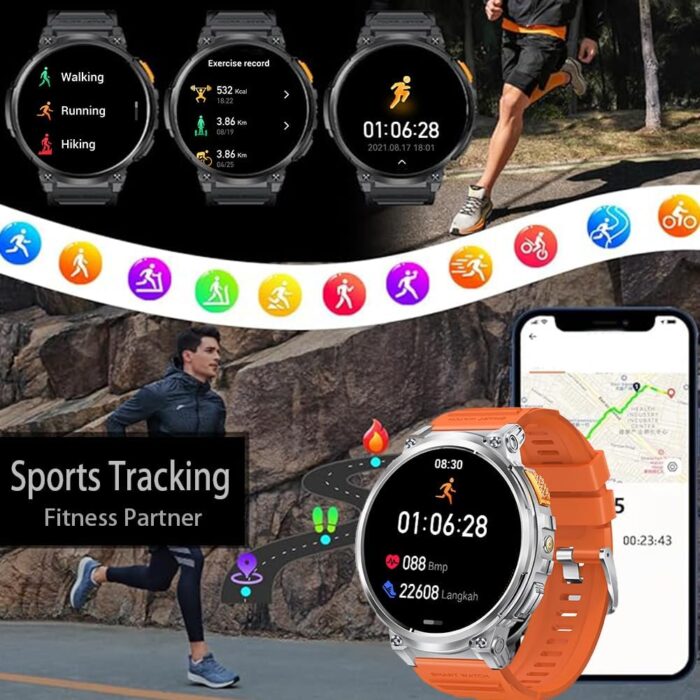 Military Smart Watch for Men with LED Flashlight 1.85” Rugged Smart Watch 730mAh Battery 114 Sports Modes Fitness Watch Heart Rate Sleep Tracker Tactical Smartwatch for iOS Android,Orange - Image 5