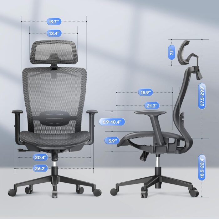 FLEXISPOT Ergonomic Office Chair, High Back Swivel Computer Chair, Home Office Desk Chairs with Wheels Lumbar Support, 2D Headrest/Adjustable Back Support/Heavy Duty Base, Mesh Seat Cushion, Gray - Image 3