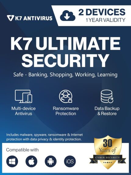 K7 Ultimate Security Antivirus Software 2025 |2 Devices, 1 Year| Threat Protection, Internet Security, Data Backup, Mobile Protection| Windows laptop, PC, Mac®, Phones, Tablets