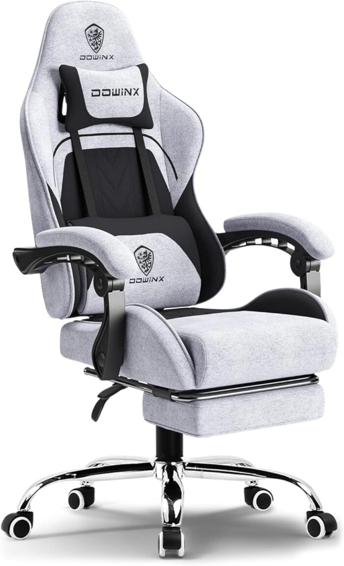 Dowinx Gaming Chair – Massage Cushion, Breathable Fabric, Ergonomic Design with Footrest, 360° Swivel, Adjustable Neck & Lumbar Pillow for Back Support, Home & Office Chair