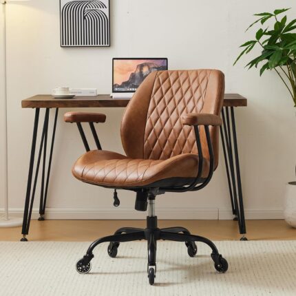 YFO Home Office Desk Chair Office Rubber Chair Casters Ergonomic Computer Chair with Lumbar Support Adjustable Height Rolling Swivel Chair Executive Task Armrests Chair， Brown Leather