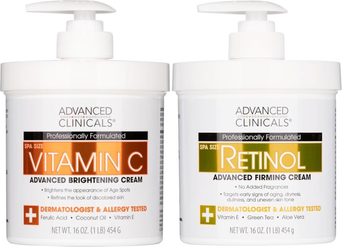 Advanced Clinicals Retinol Body Lotion + Brightening Vitamin C Cream 2pc Skin Care Set | Skin Tightening Body Moisturizer & Face Lotion | Crepey Skin Care Treatment | Skin Care Products, 2pc Set