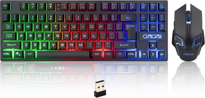 CHONCHOW Wireless Gaming Keyboard and Mouse Combo, Rechargeable 87 Key LED Light Up Keyboard Ergonomic Cordless Gaming Mouse combo Backlit Wireless set for Xbox PS4 PS4 PC Laptop (local, black set)