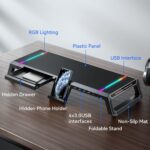 NALACAL RGB Gaming Computer Monitor Stand Riser - 4 USB 3.0 Hub, 3 Length Adjustable, Laptop Desk Shelf with Storage Drawer and Tablet Phone Holder, Desk Organizers for Desktop, Printer (Black) - Image 3