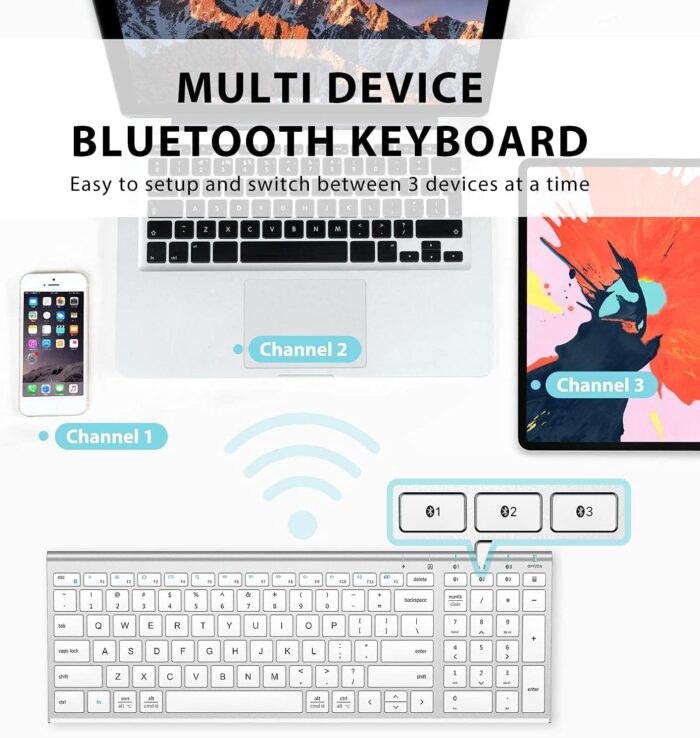 iClever Bluetooth Keyboard BK10, Multi Device Keyboard Rechargeable with Number Pad Ergonomic Design Full Size Stable Connection Keyboard for iPad, iPhone, Mac, iOS, Android, Windows - Image 2