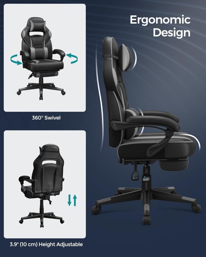 SONGMICS OBG073B03 Gaming Chair, Desk Chair with Footrest, Office Chair with Headrest and Lumbar Cushion, Height-Adjustable, Ergonomic, 90-135° Tilt Angle, Maximum Load 150 kg, Black/Grey - Image 6